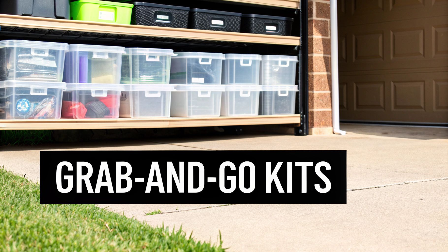 Clear plastic containers filled with various items, organized on shelves in a garage as grab-and-go kits.