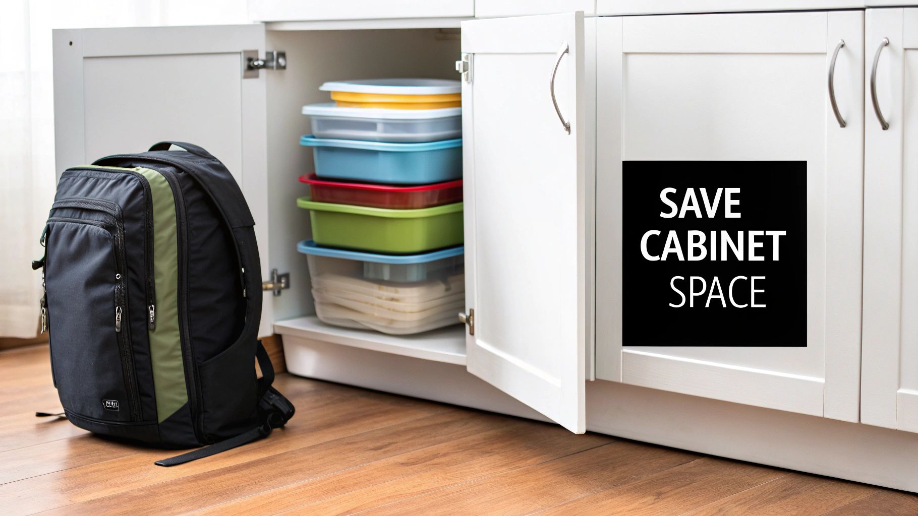 Open kitchen cabinets filled with stacked food containers, a backpack nearby, and a 'SAVE CABINET SPACE' sign.