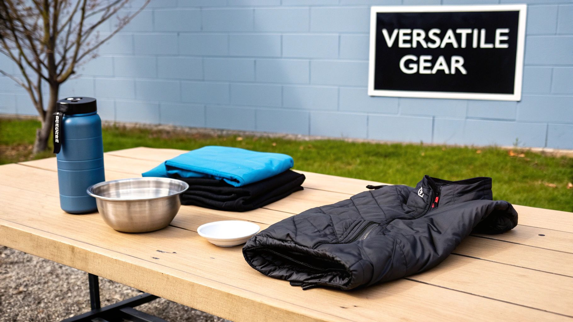 Essential travel items on a wooden table: a blue water bottle, stacked clothes, and a black jacket.