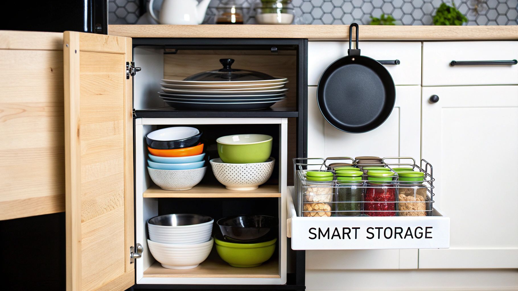 A well-organized minimalist kitchen cabinet displays stacked plates, colorful bowls, and a 'SMART STORAGE' spice rack.