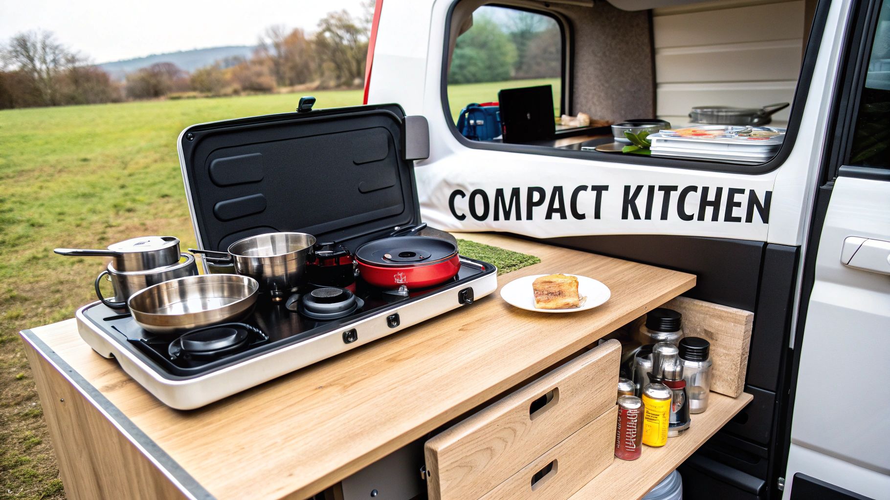 A compact camping kitchen setup outside a camper van, featuring a portable stove, pots, and a slice of cake.