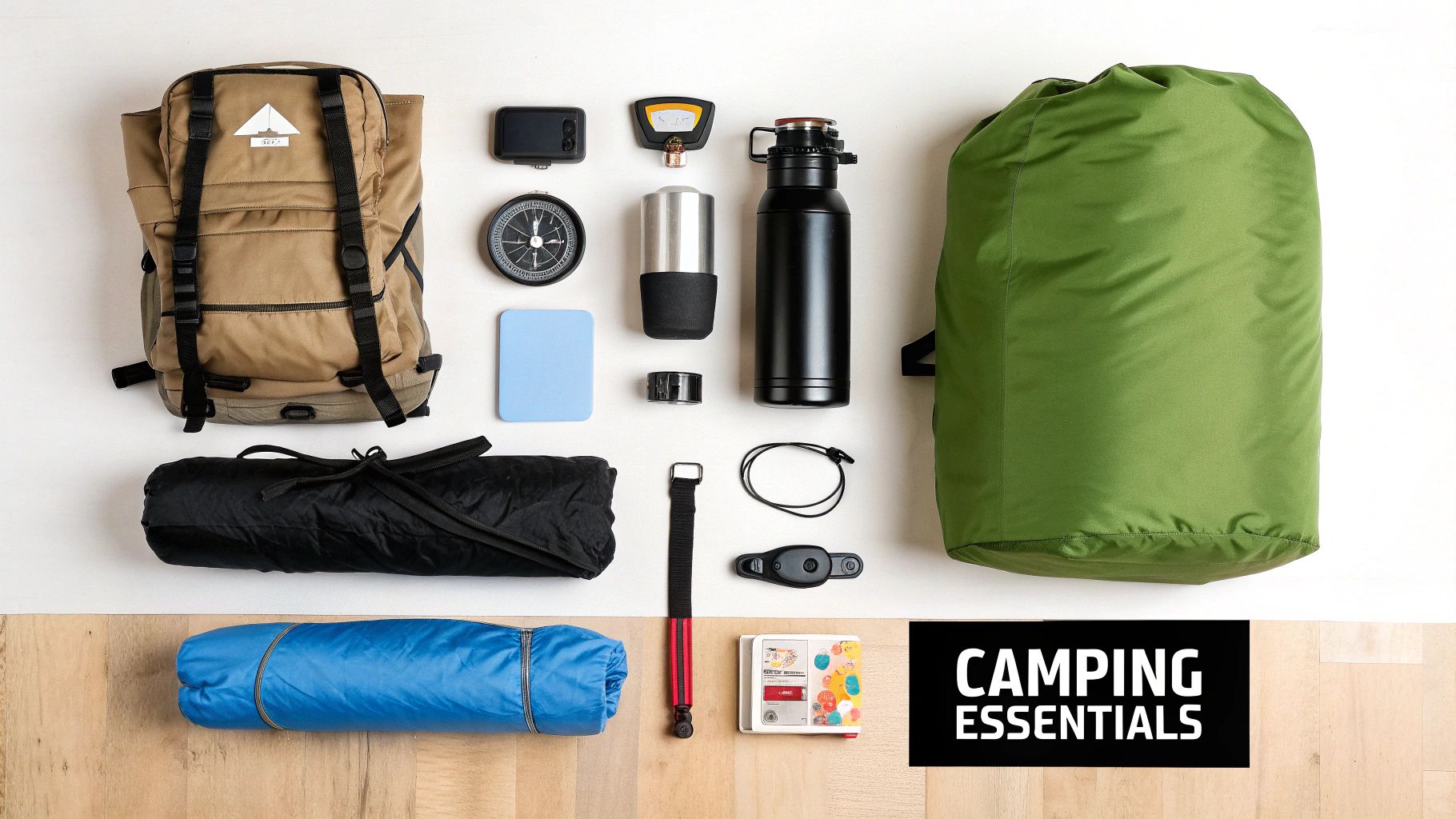 A flat lay of camping essentials, including a backpack, sleeping bags, water bottles, and a compass.