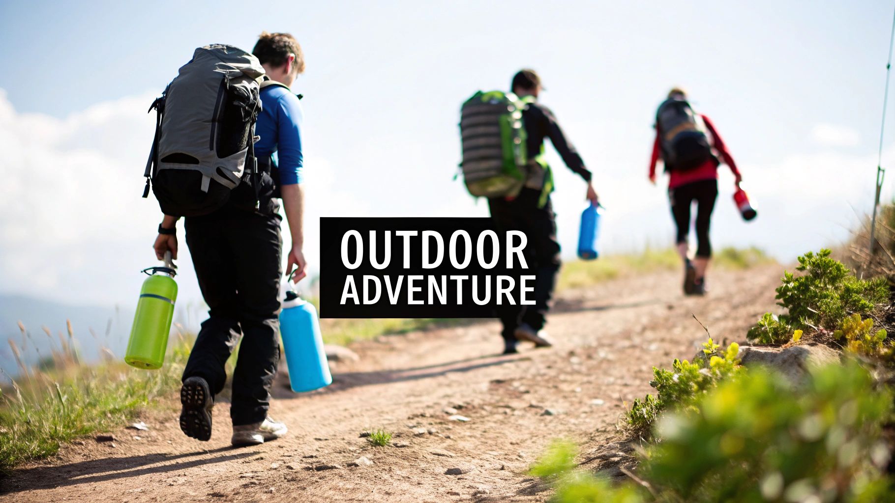 Three hikers with backpacks and water bottles walk on a sunny outdoor dirt path, enjoying an adventure.
