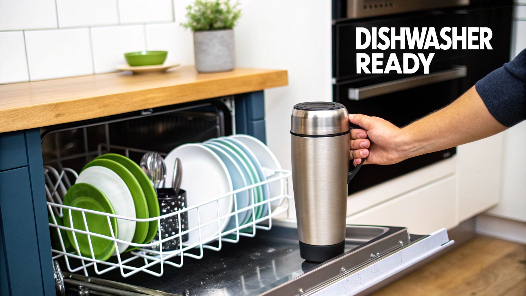 A hand places a stainless steel insulated tumbler onto an open dishwasher rack filled with plates, indicating it's dishwasher ready.