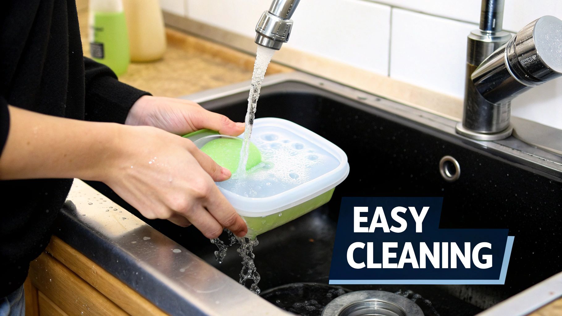 Person packing different foods into a multi-compartment collapsible silicone food container.