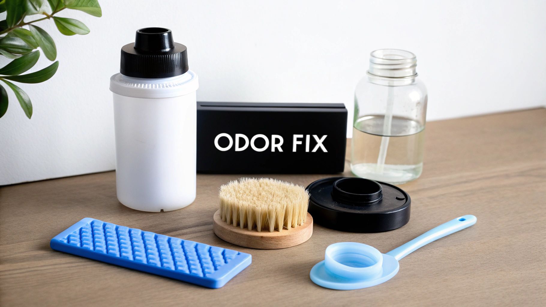 A collection of cleaning items on a wooden surface, including bottles, a brush, and tools for odor removal.