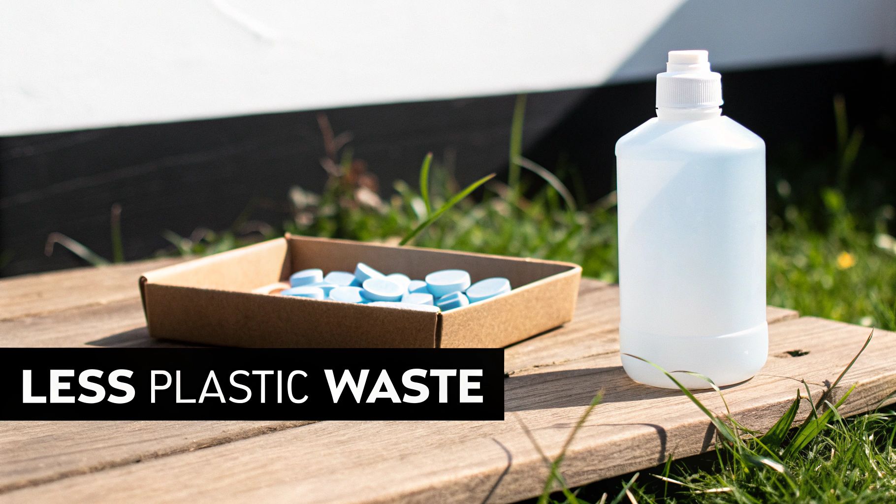 Eco-friendly bottle cleaner tablets in cardboard box and refillable plastic bottle on wooden surface