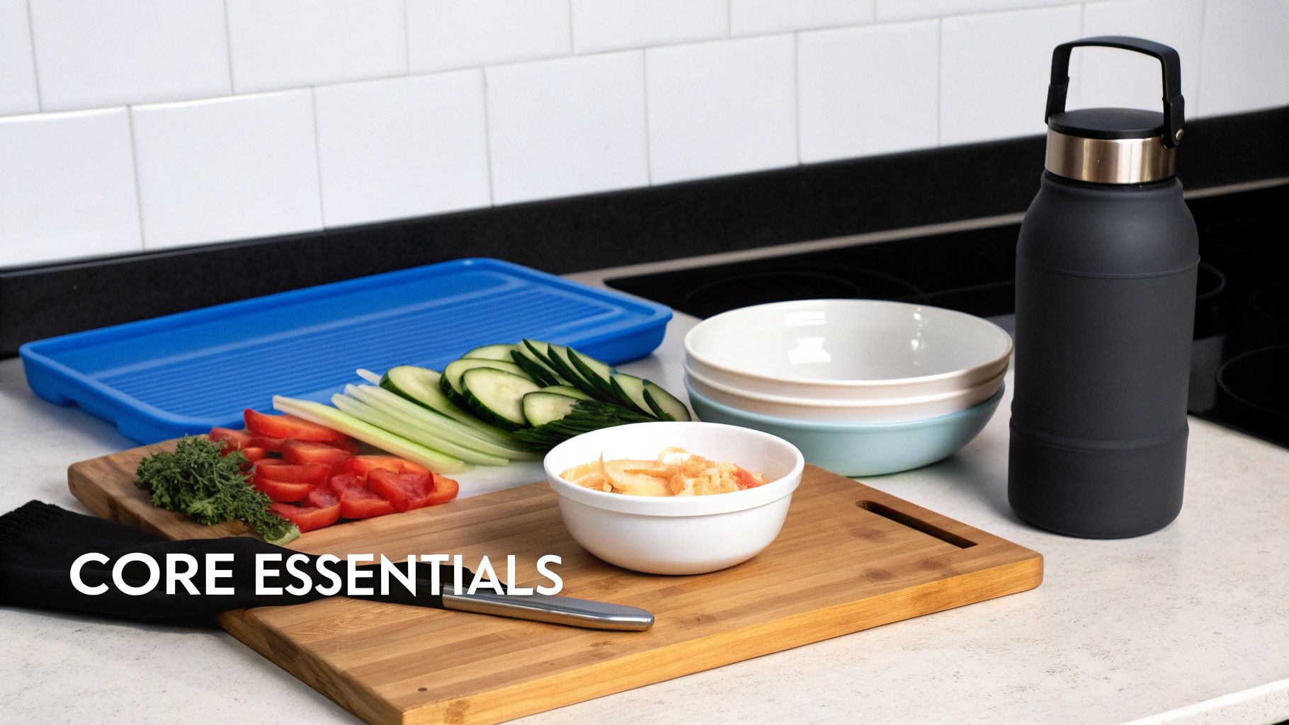 Fresh vegetables, kitchen tools, and bowls on a clean counter, showcasing minimalist meal prep essentials.