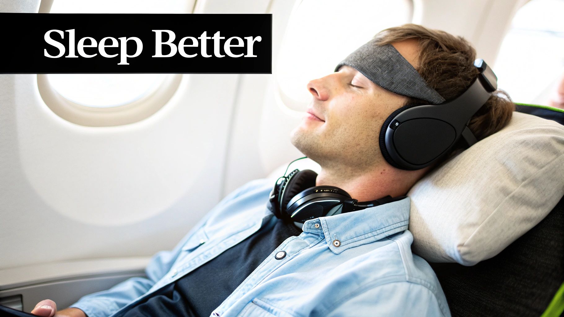 A man wearing a sleep mask and headphones sleeps comfortably on an airplane seat, promoting better rest.