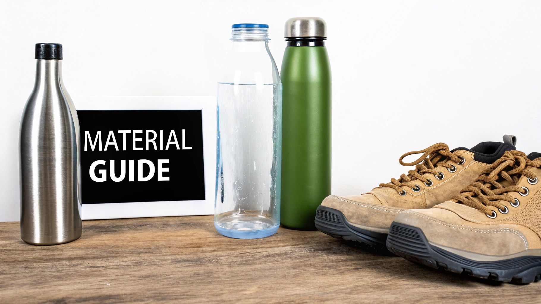 A flat lay of different materials including metal, glass bottles, and shoes for a material guide.