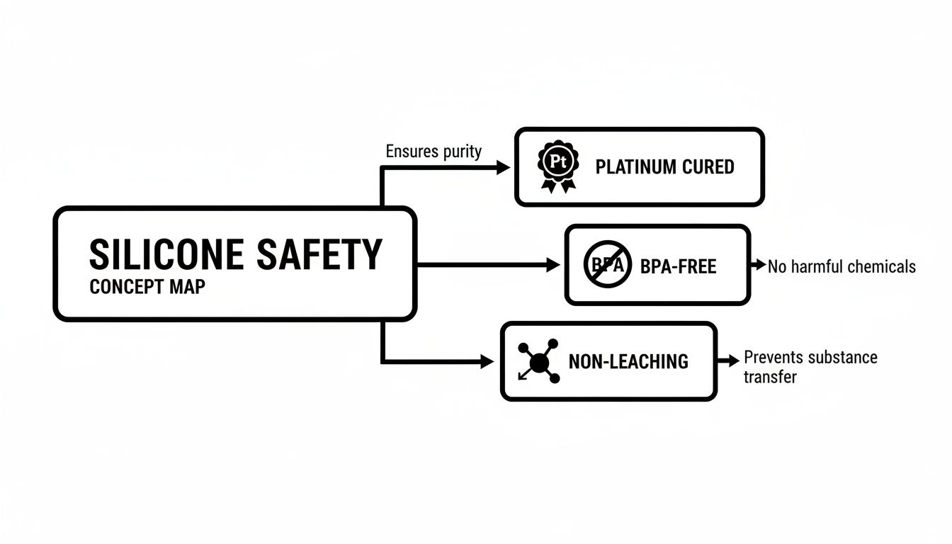 Concept map detailing silicone safety, emphasizing platinum curing for purity, BPA-free, and non-leaching properties.