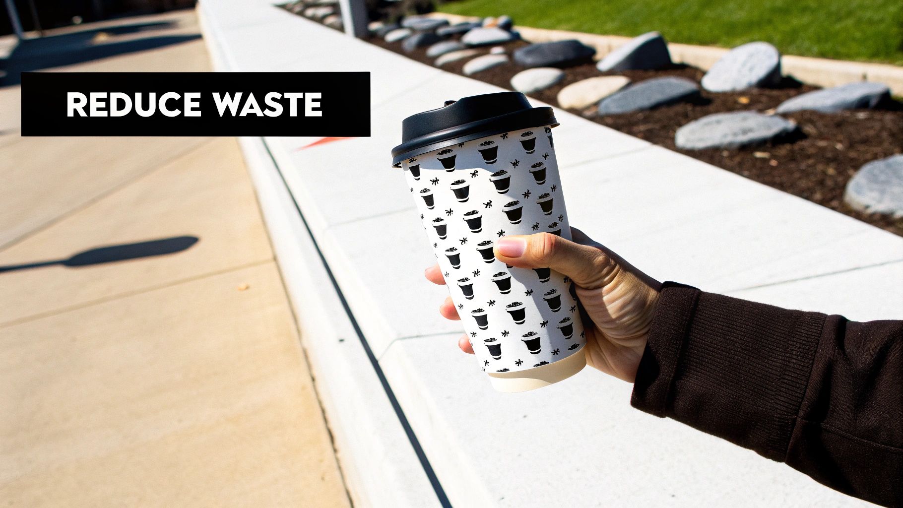 A person's hand holds a reusable coffee cup with a "REDUCE WASTE" message in an outdoor scene.