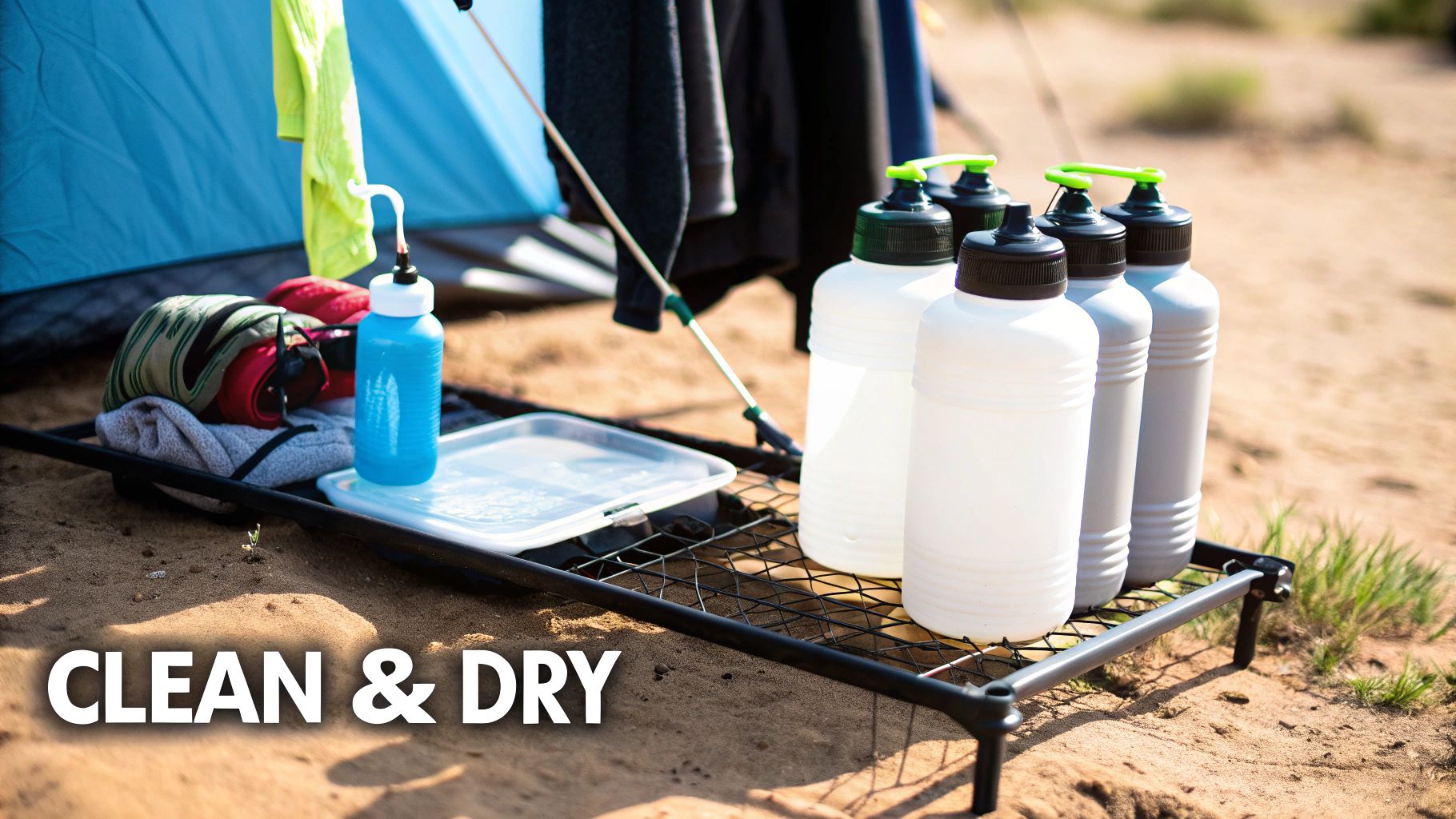 Camping setup with water bottles, a cleaning basin, and clothes drying, emphasizing cleanliness and organization.