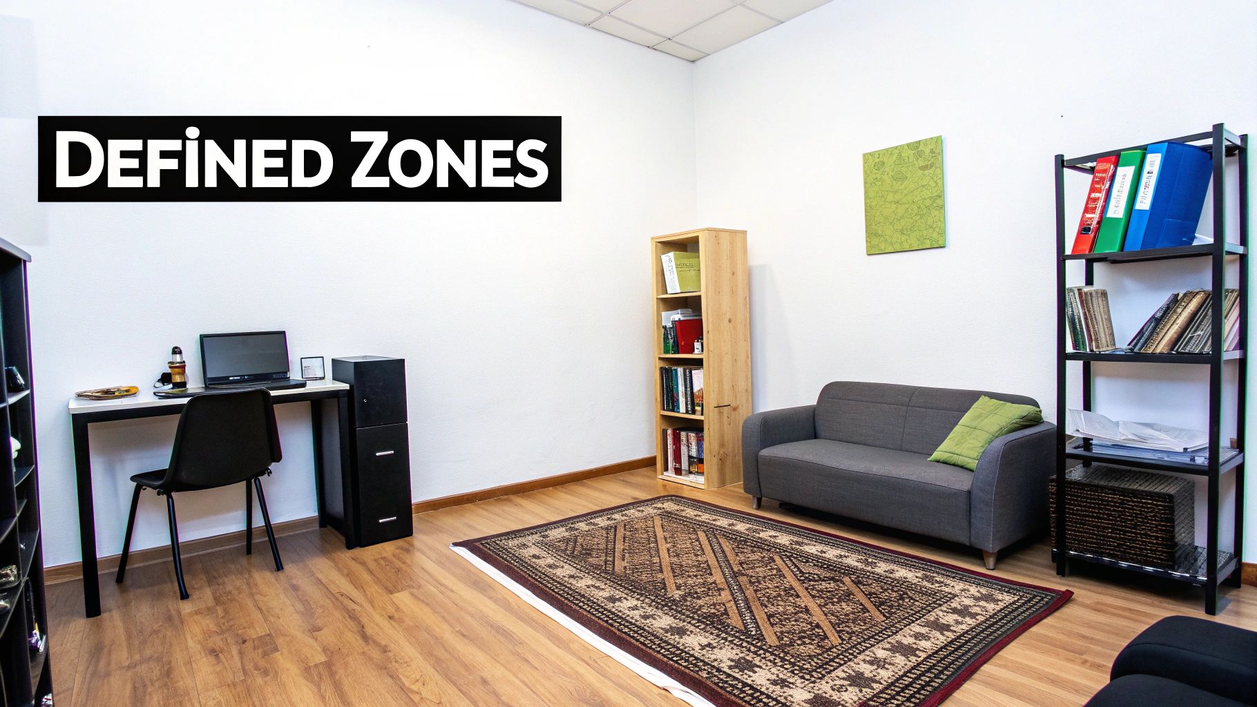 Modern organized office room with defined zones including desk area, cozy sofa, and storage shelves