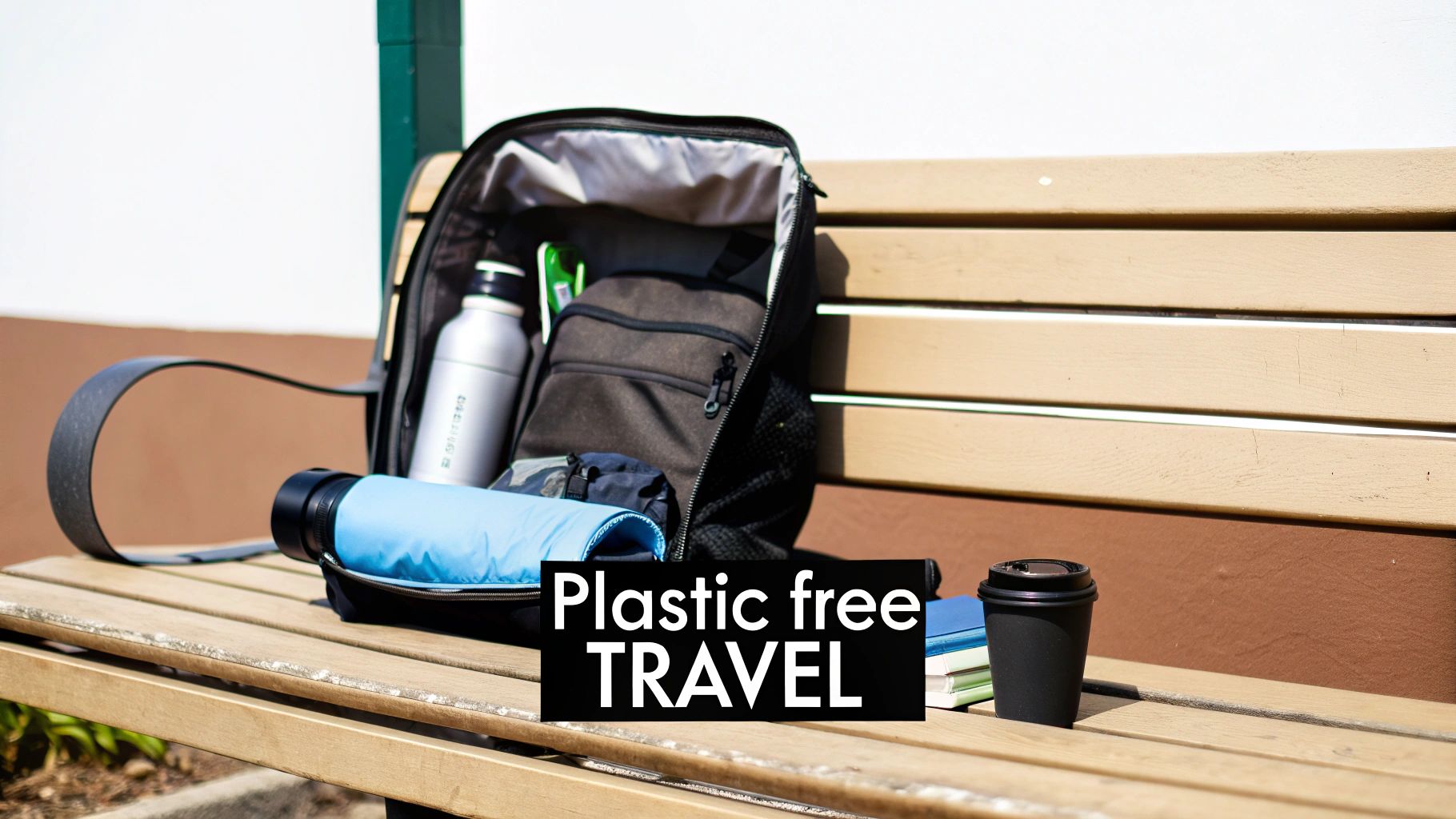 A black backpack with reusable bottles, books, and a coffee cup on a wooden bench, promoting plastic-free travel.