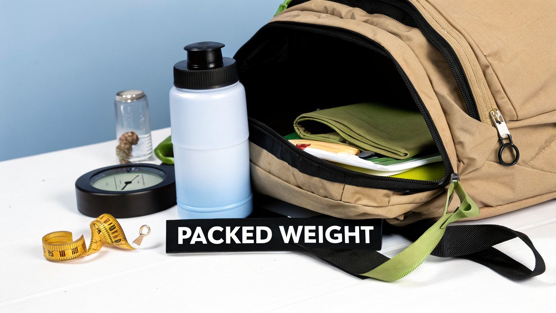 A light blue water bottle, open backpack, compass, and measuring tape on a white table.