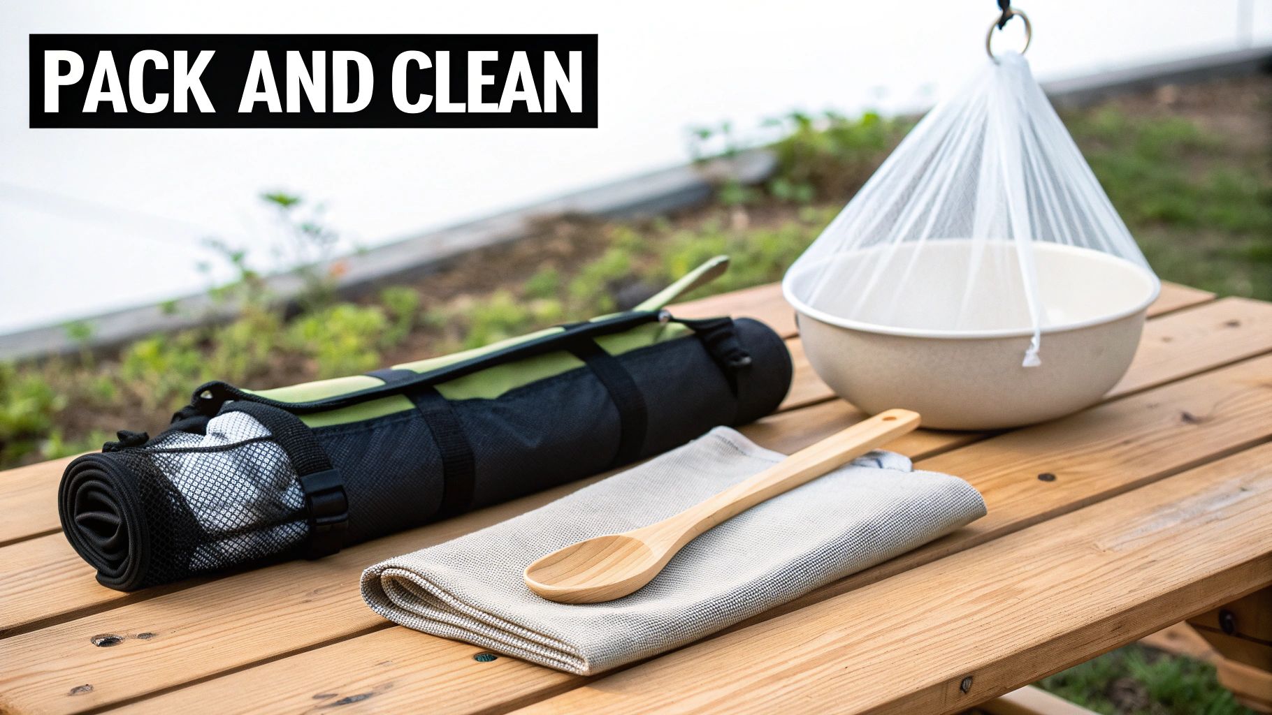 Camping essentials on a wooden table: a rolled mat, wooden spoon, cloth, and a hanging bowl with mesh cover.