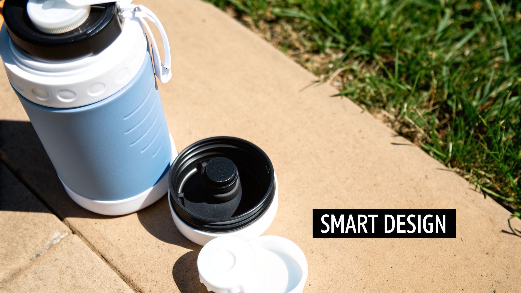 A person placing a wide-mouth water bottle into the top rack of a dishwasher.