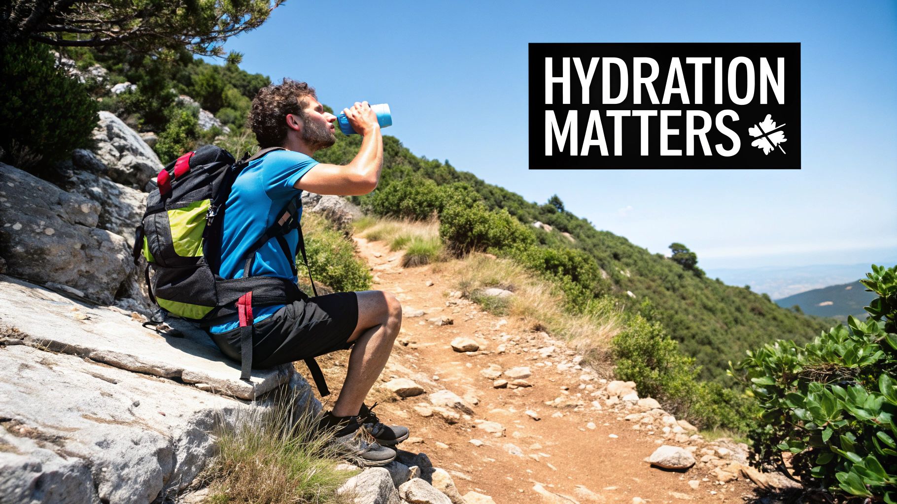 A hiker drinking from a collapsible water bottle with a mountain landscape in the background.