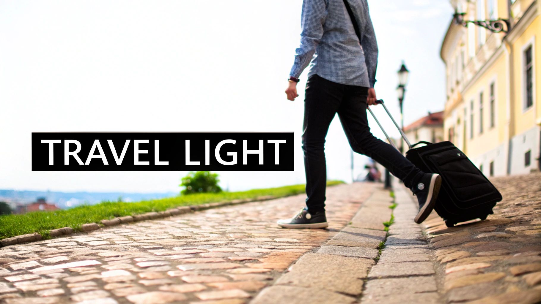 Woman in a yellow jacket smiling and sitting on her packed suitcase, ready for travel.