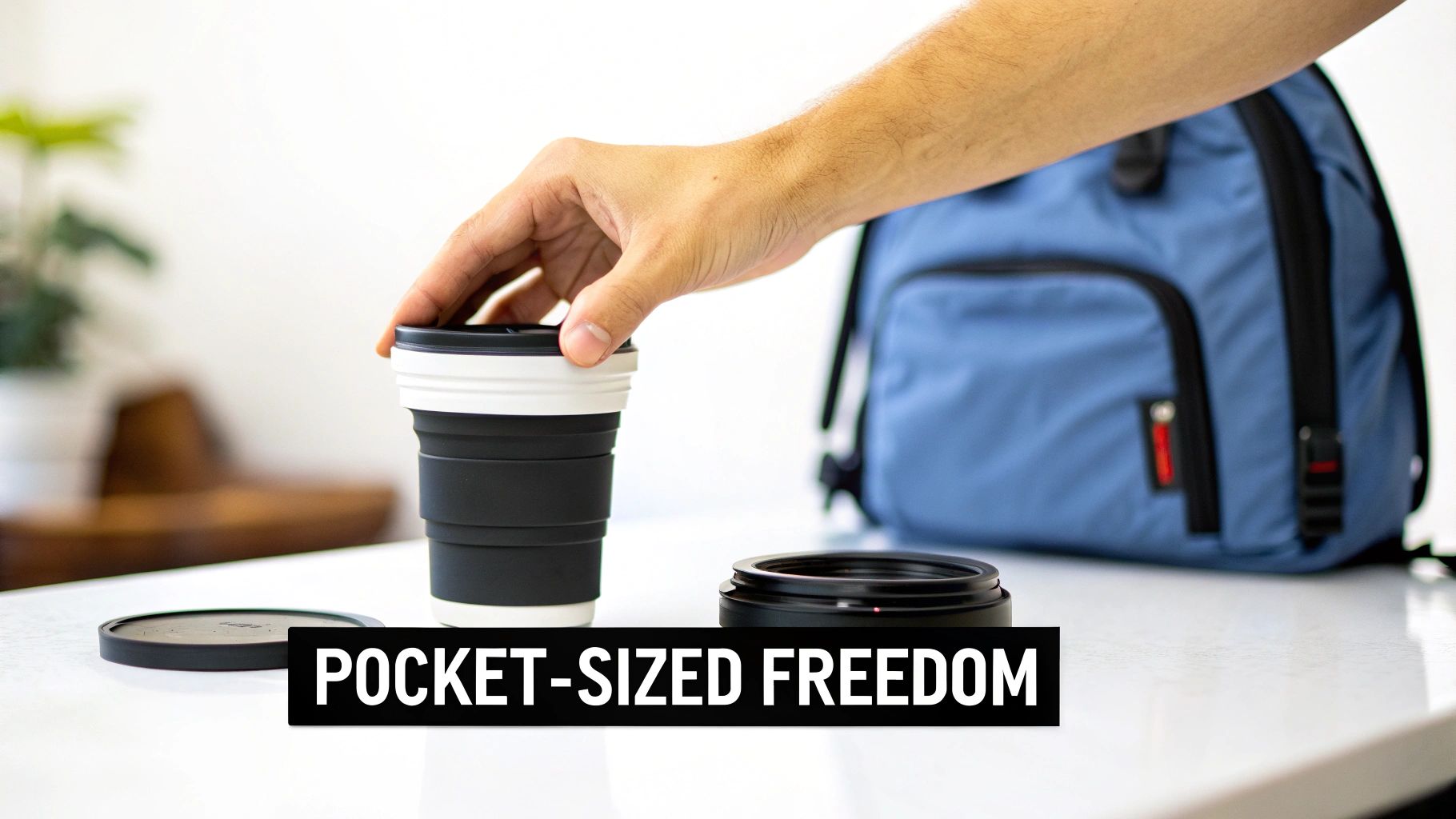 A person holding a blue HYDAWAY collapsible travel cup against an outdoor backdrop.