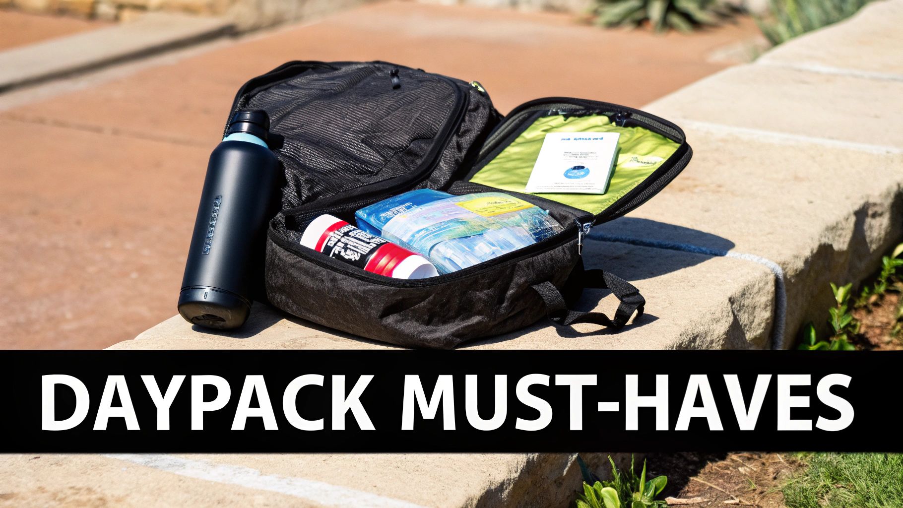 Daypack loaded with hiking essentials on a volcanic trail