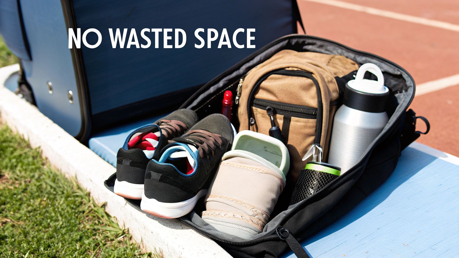 A neatly packed black backpack and open suitcase on a field, demonstrating efficient packing with shoes and bottles.