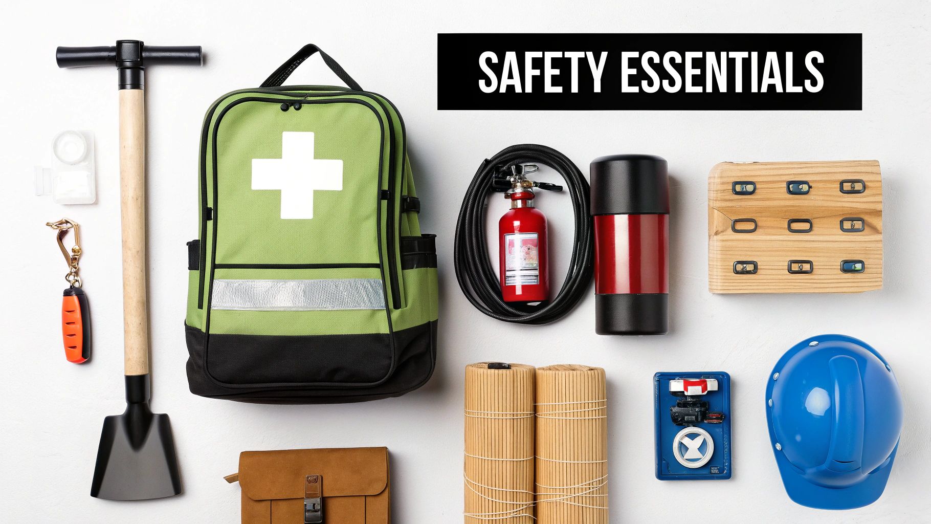 A flat lay of various safety essentials including a first aid kit, fire extinguisher, shovel, and hard hat.