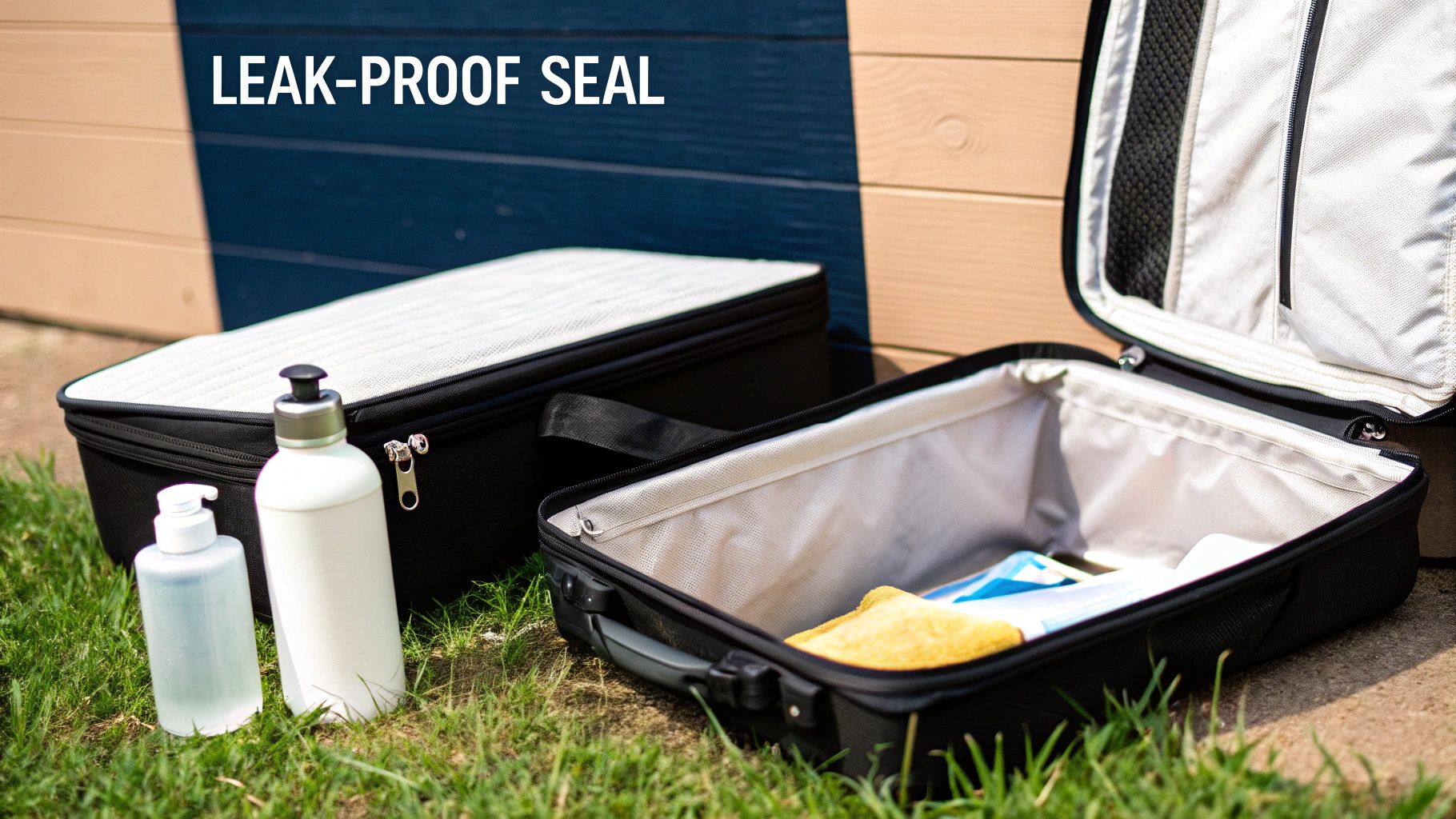 Black travel containers and bottles on grass, emphasizing a leak-proof seal for secure packing.