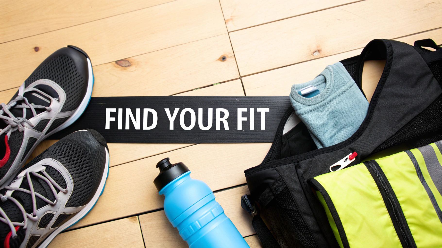 A flat lay of running gear including shoes, a blue water bottle, a bag, and a reflective vest, with the text "FIND YOUR FIT".
