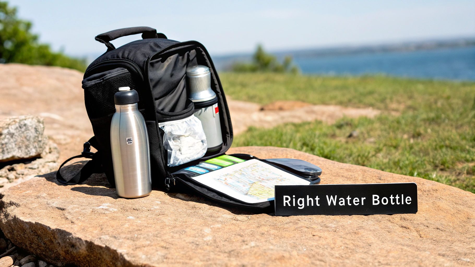 A hiker filling up a collapsible water bottle in a mountain stream.