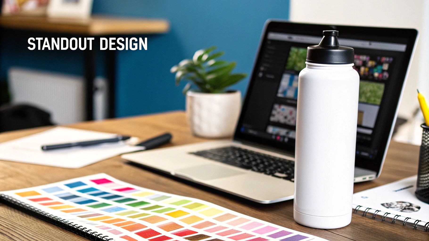 A stylish white sports water bottle displayed on a creative workspace with design elements.