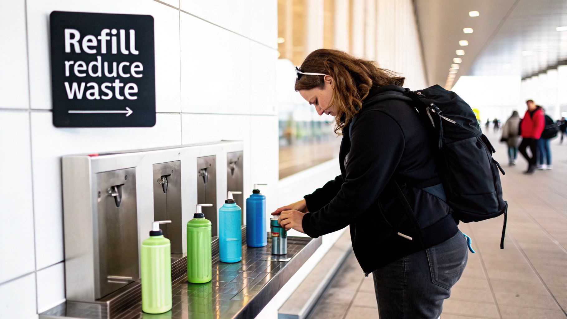 A woman refills her container at a refill station with a 'Refill reduce Waste' sign.