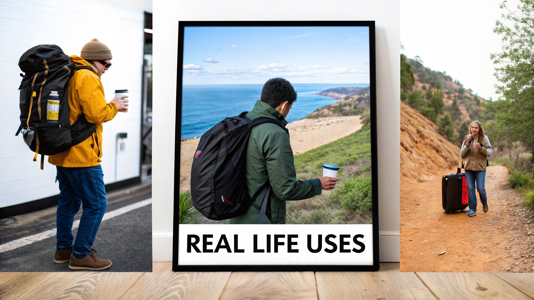 Three diverse scenes showcasing people using portable cups during travel and outdoor activities.