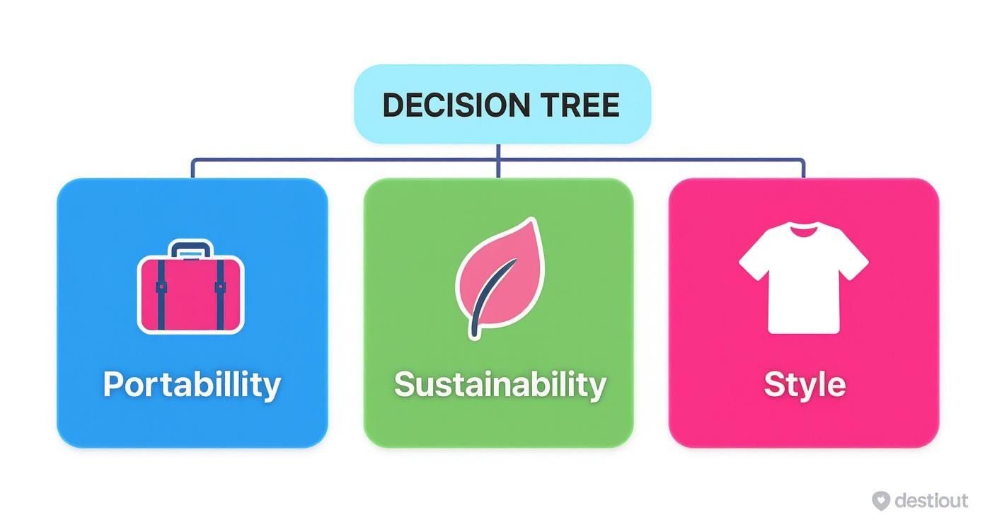 An infographic decision tree showing the key benefits of a collapsible cup: Portability, Sustainability, and Style, each represented by an icon.
