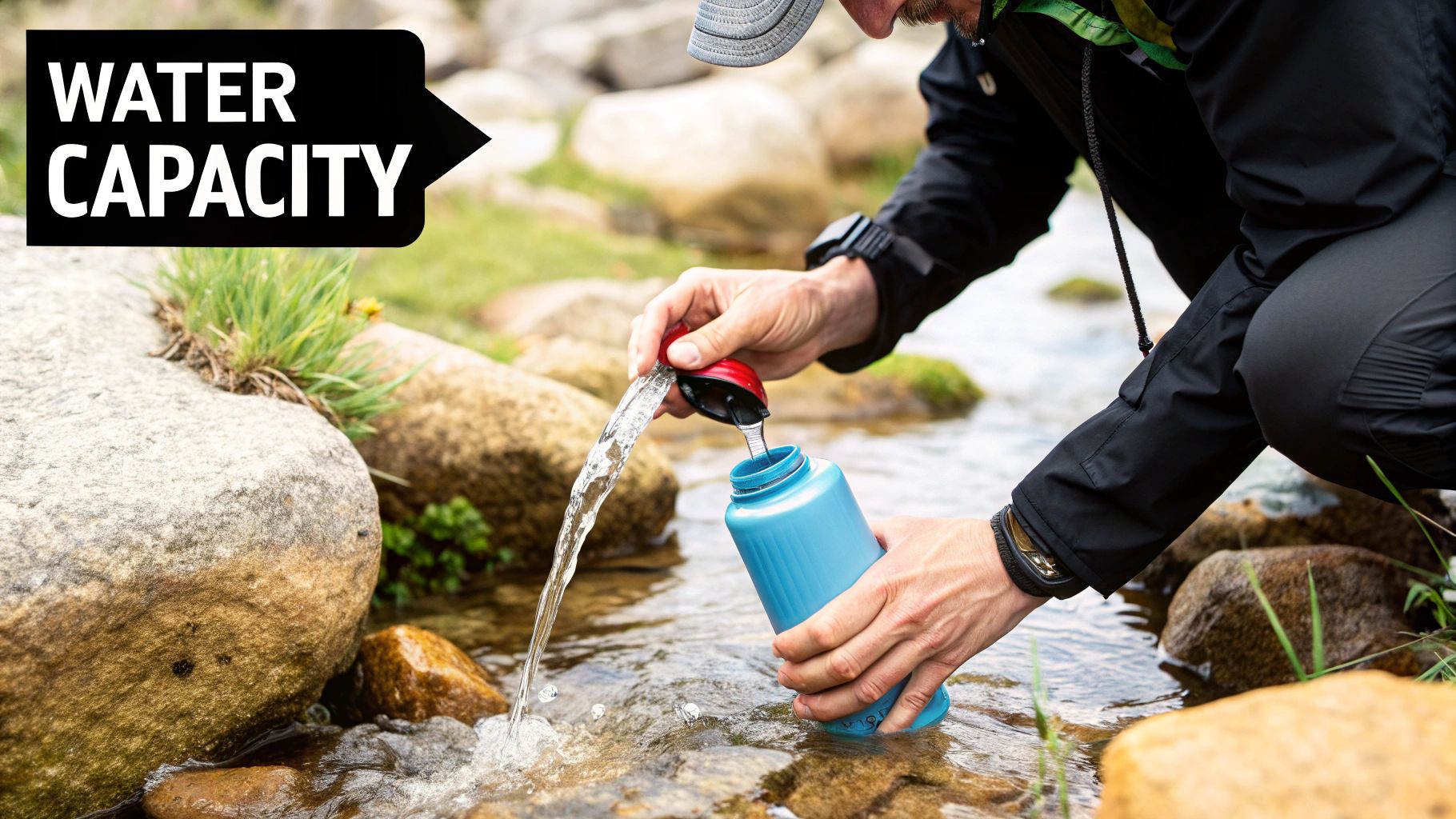 A hiker filling a collapsible water bottle in a mountain stream.