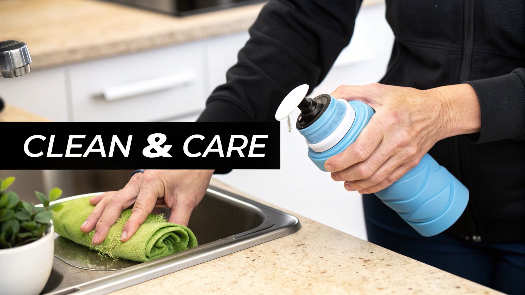 A HYDAWAY foldable travel water bottle being cleaned in a kitchen sink.