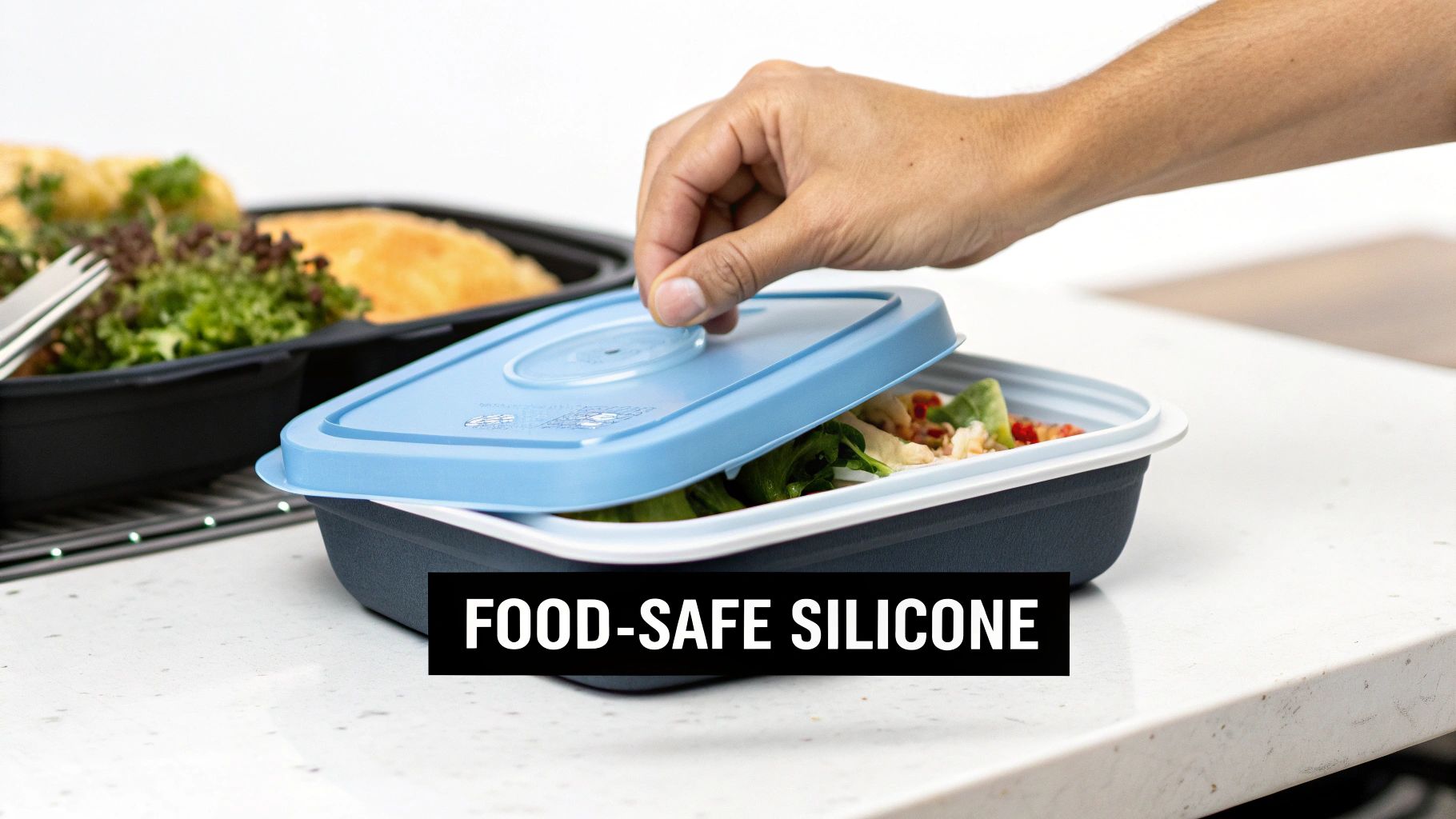 A person's hand lifts the blue food-safe silicone lid from a dark gray lunch container filled with fresh salad.