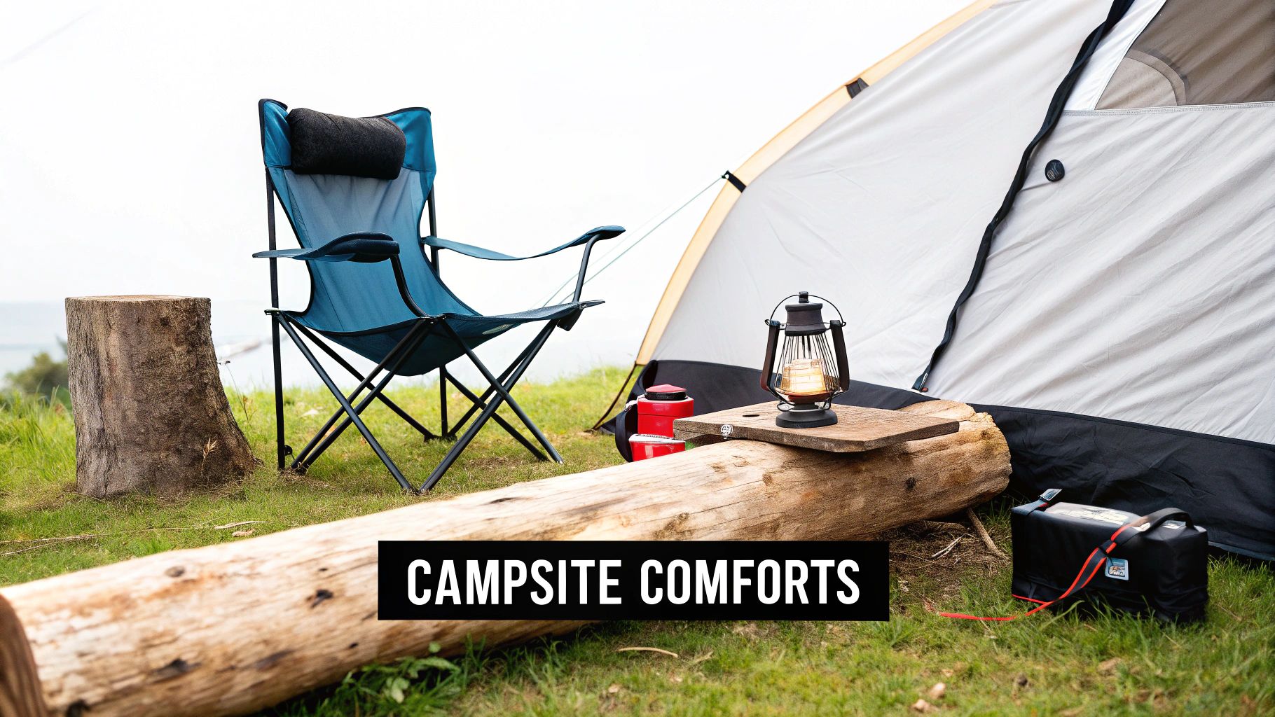 A cozy campsite setup with a lantern, chair, and other comfort items