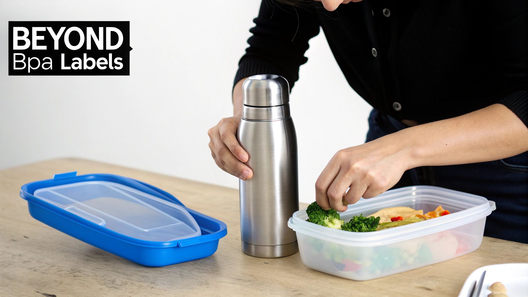 Person packing a healthy lunch with broccoli and chicken in BPA-free food containers, alongside a thermos.
