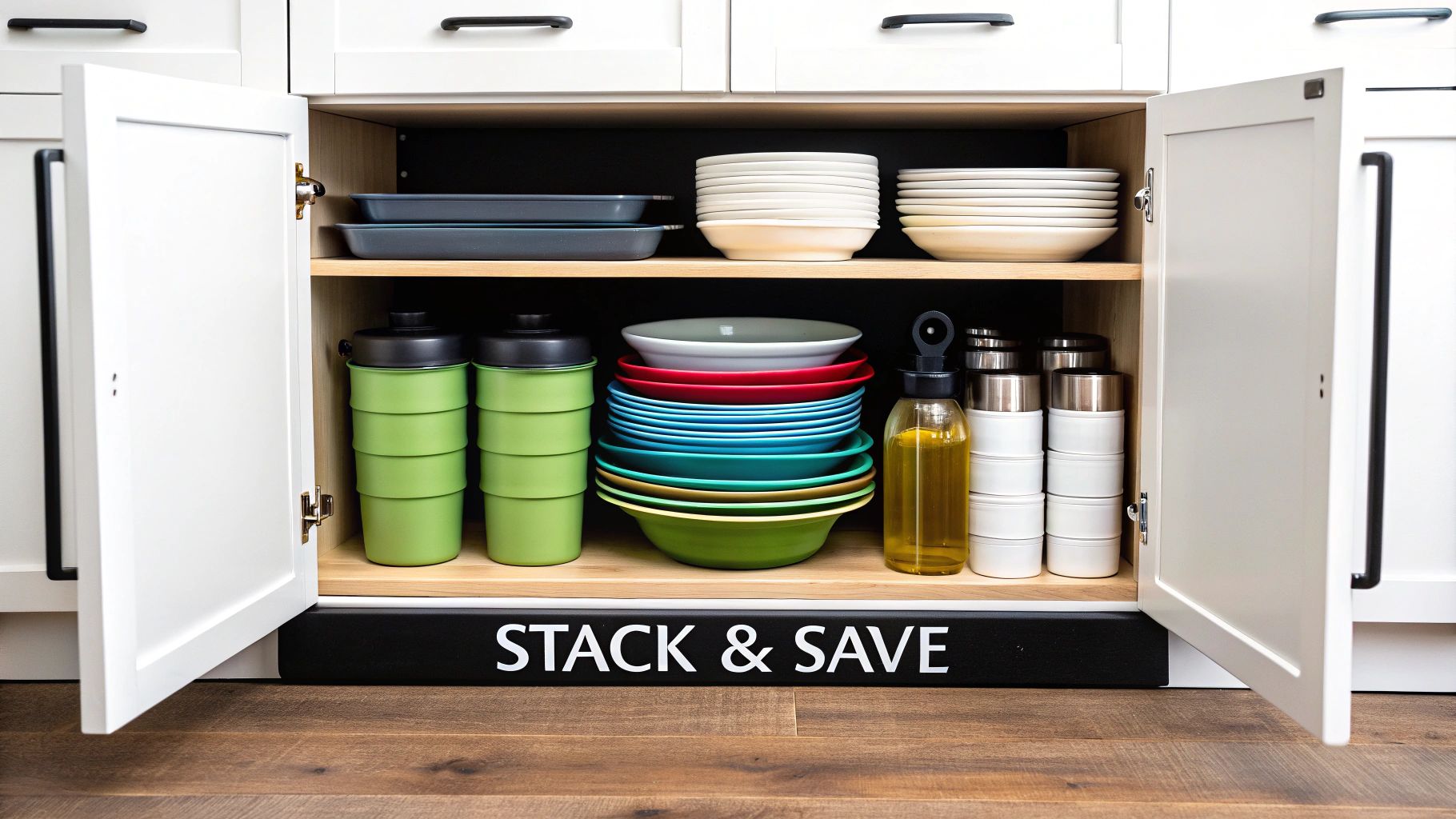 Organized kitchen cabinet showing stacked colorful plates, bowls, containers, and bottles for space-saving storage