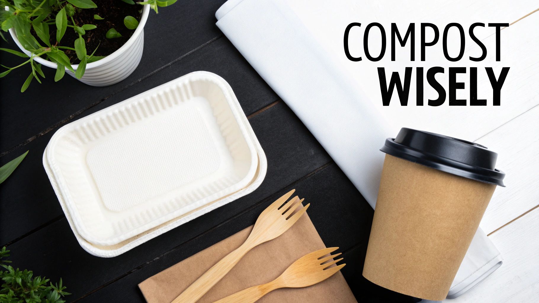 Flat lay of compostable food containers, wooden forks, and a coffee cup with 'COMPOST WISELY' text.