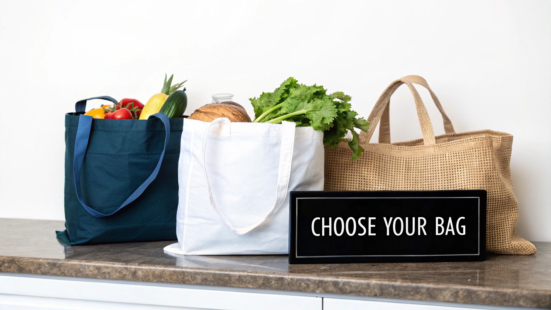 Three reusable grocery bags, blue, white, and jute, filled with fresh produce on a counter, with a 'Choose Your Bag' sign.