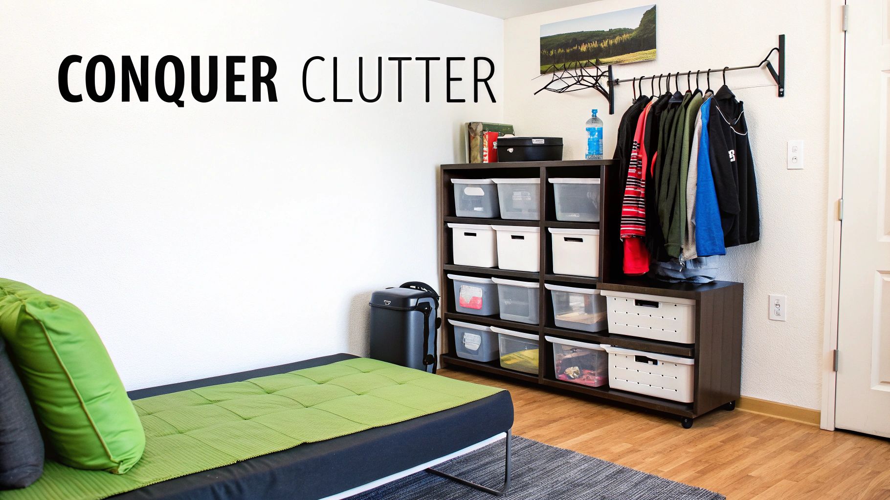 A well-organized small room featuring a storage unit, clothes rack, and a bed with green cushions.