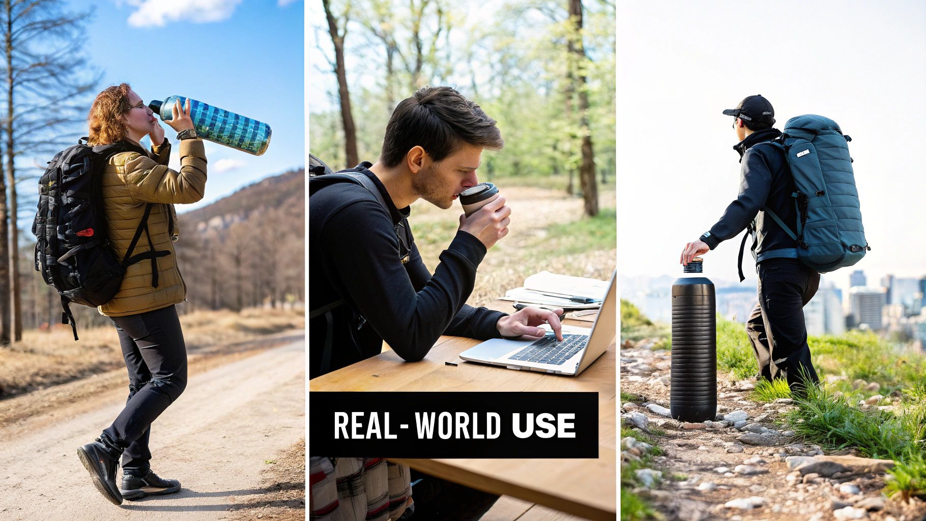 Diverse outdoor scenes show people hydrating and working with bottles and a coffee cup.