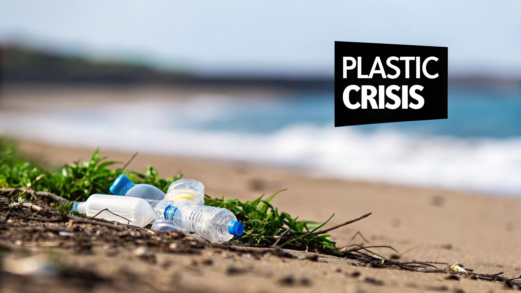 Discarded plastic bottles litter a sandy beach with the ocean in the background, illustrating the plastic crisis.