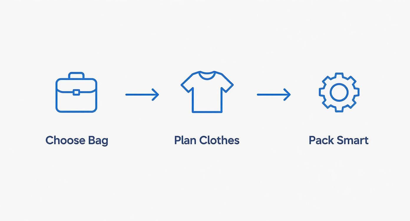 A three-step infographic showing how to pack: choose bag, plan clothes, and pack smart.
