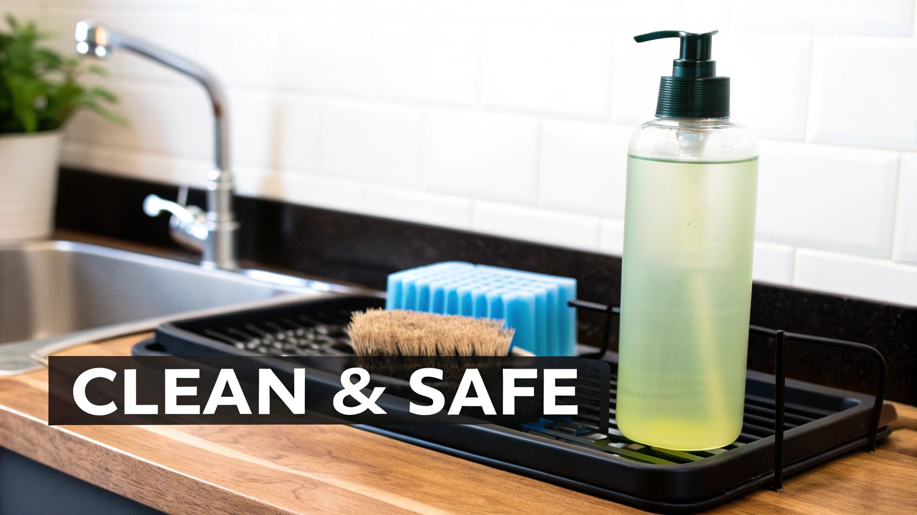 A clean kitchen sink area with dish soap, a brush, and a sponge on a drying rack.