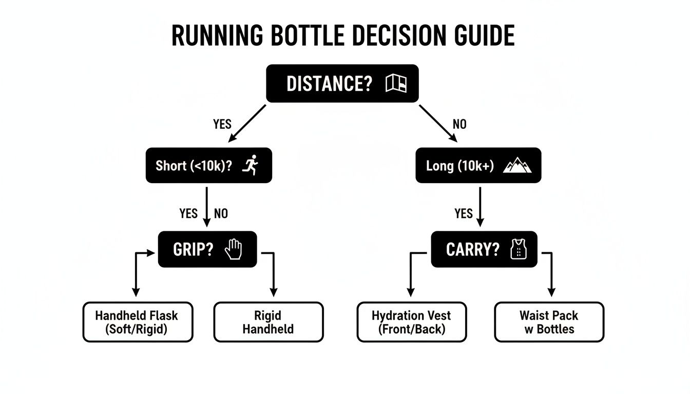 A decision guide flowchart for choosing the best running bottle, considering run distance and carrying style.