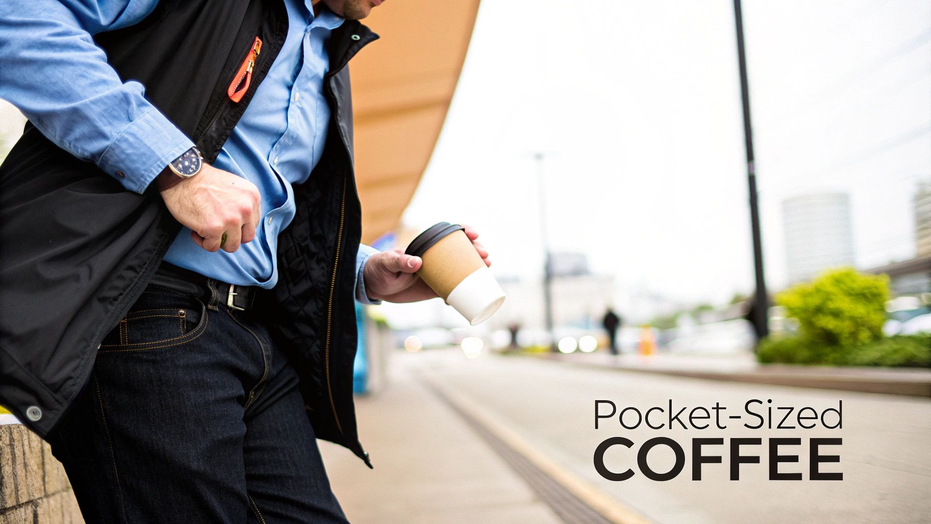 A man in a blue shirt and black vest holds a coffee cup on a city sidewalk.